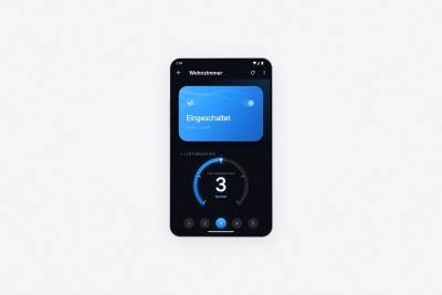 App-Ansicht zur Steuerung einer Einheit: Lüftungsstufe 3 über Drehregler, Betriebsart Zuluft und Stufenwahl von 1 bis 5. Vorschau, Early Access.