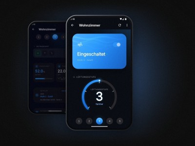 Novarius-App auf dem Smartphone – Lüftungssteuerung mit Drehregler Stufe 3 und Feuchte-/Temperaturwerten. Vorschau, Early Access.